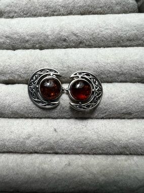 Celtic Crescent Amber Cabochon Earrings- Silver